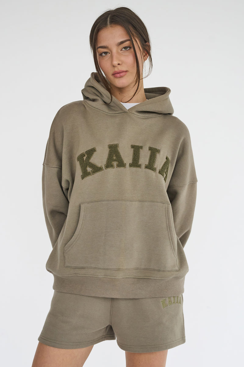 Kaiia Slogan Oversized Hoodie Khaki