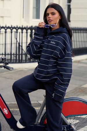 Kaiia Pinstripe Oversized Hoodie Ink Blue