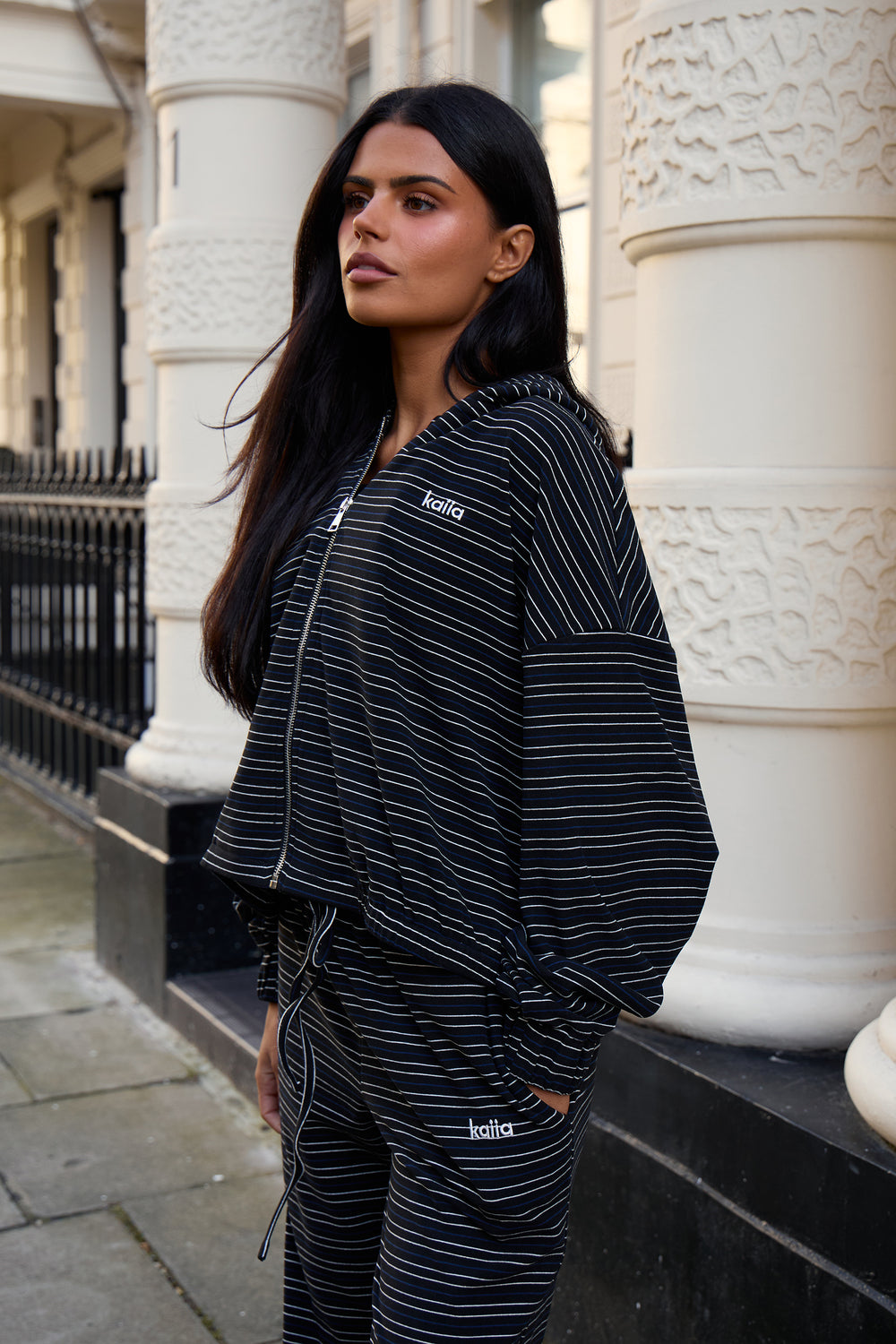 Kaiia Striped Fleece Oversized Zip Through Hoodie Navy & Cream