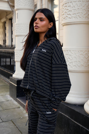 Kaiia Striped Fleece Oversized Zip Through Hoodie Navy & Cream