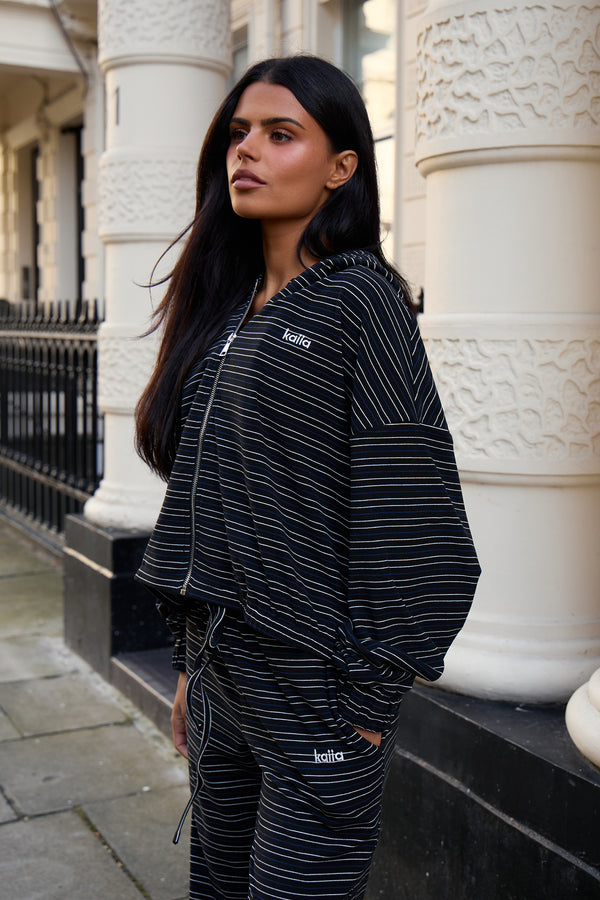 Kaiia Striped Fleece Oversized Zip Through Hoodie Navy & Cream