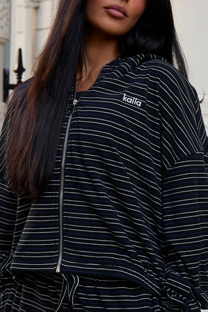 Kaiia Striped Fleece Oversized Zip Through Hoodie Navy & Cream