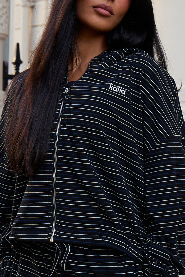 Kaiia Striped Fleece Oversized Zip Through Hoodie Navy & Cream