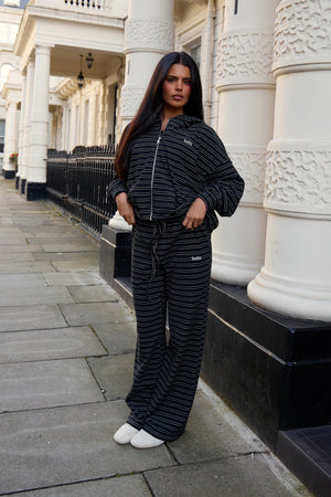 Kaiia Striped Fleece Oversized Zip Through Hoodie Navy & Cream