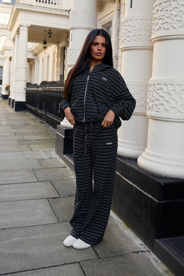 Kaiia Striped Fleece Oversized Zip Through Hoodie Navy & Cream