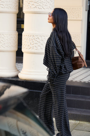 Kaiia Striped Fleece Oversized Zip Through Hoodie Navy & Cream