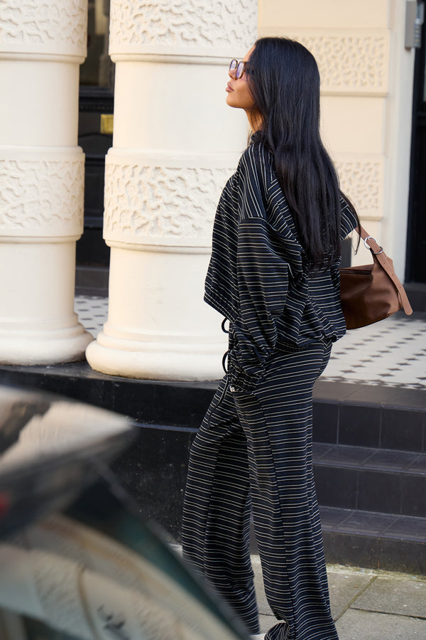 Kaiia Striped Fleece Oversized Zip Through Hoodie Navy & Cream
