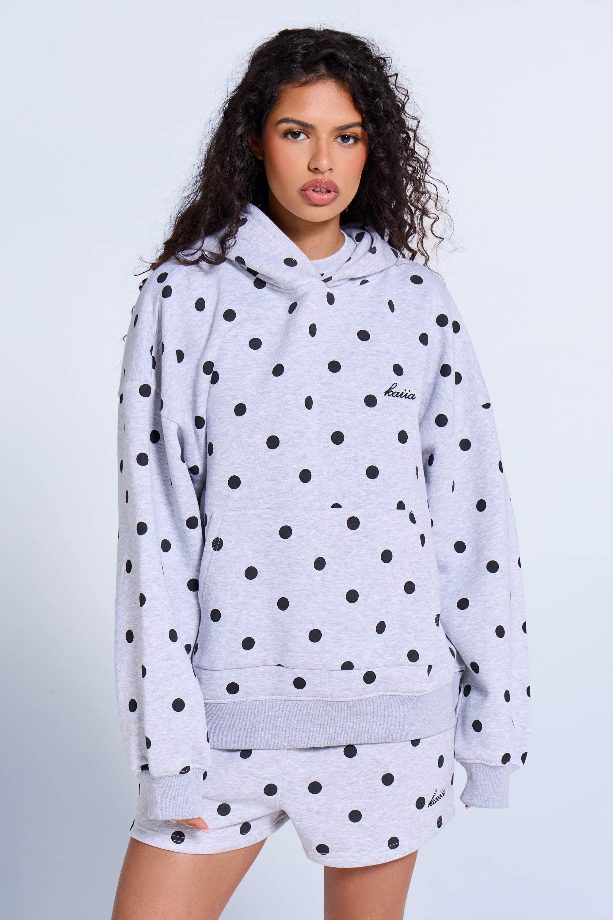 Kaiia Poka Dot Oversized Hoodie Grey Marl & Black | Kaiia