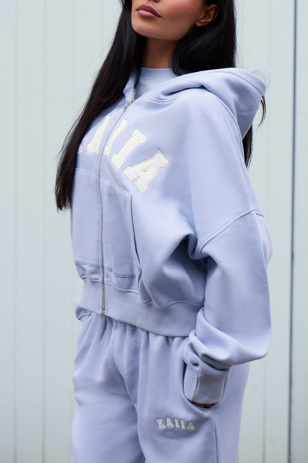 Kaiia Slogan Oversized Zip Through Hoodie Soft Blue & White