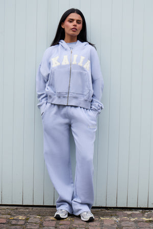 Kaiia Slogan Oversized Zip Through Hoodie Soft Blue & White