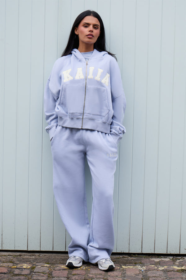 Kaiia Slogan Oversized Zip Through Hoodie Soft Blue & White