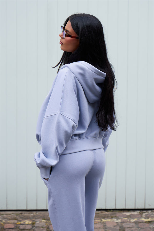 Kaiia Slogan Oversized Zip Through Hoodie Soft Blue & White