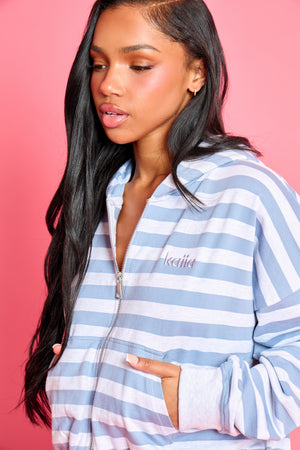 Kaiia Striped Oversized Zip Through Hoodie Soft Blue & Grey Marl