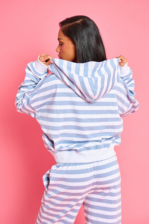 Kaiia Striped Oversized Zip Through Hoodie Soft Blue & Grey Marl