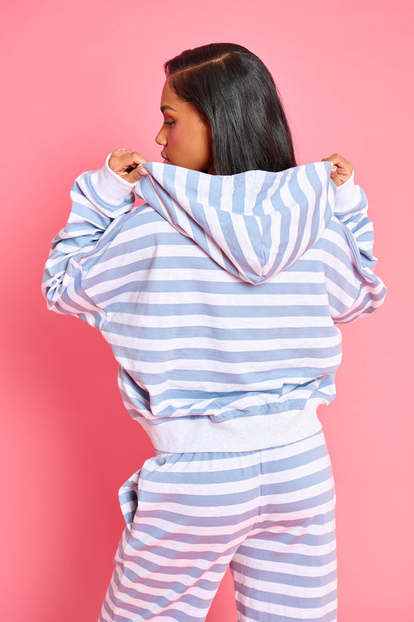 Kaiia Striped Oversized Zip Through Hoodie Soft Blue & Grey Marl