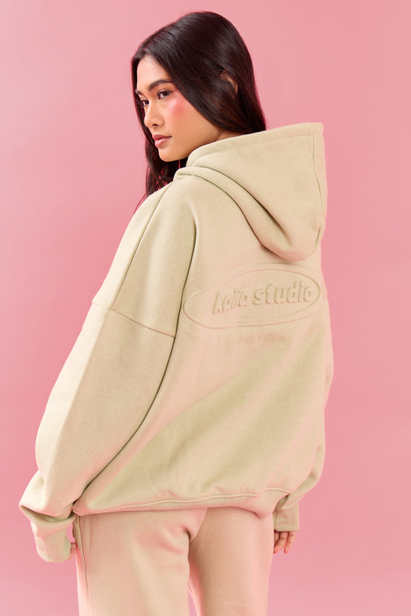 Kaiia Oval Embossed Oversized Hoodie Pistachio Cream