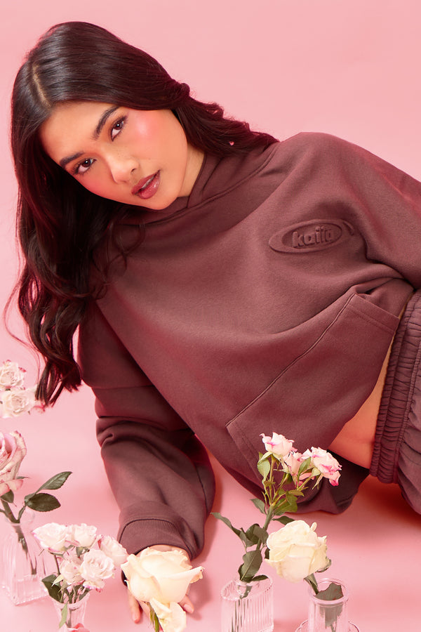 Kaiia Oval Embossed Oversized Hoodie Cocoa Brown