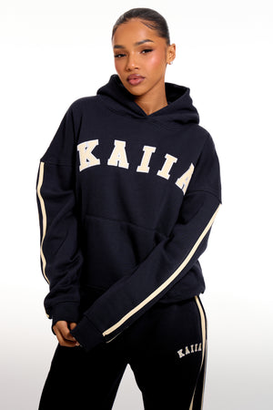 Kaiia Slogan Side Stripe Oversized Hoodie Ink Blue & Lemon