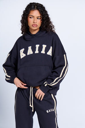 Kaiia Slogan Side Stripe Oversized Hoodie Ink Blue & Lemon