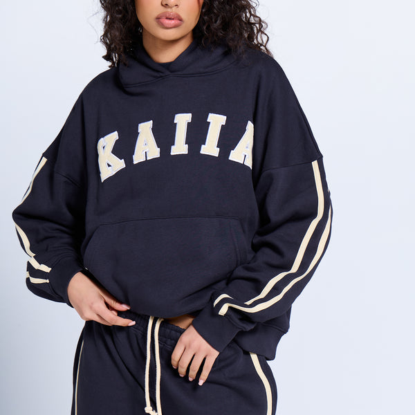 Kaiia Slogan Side Stripe Oversized Hoodie Ink Blue & Soft Yellow