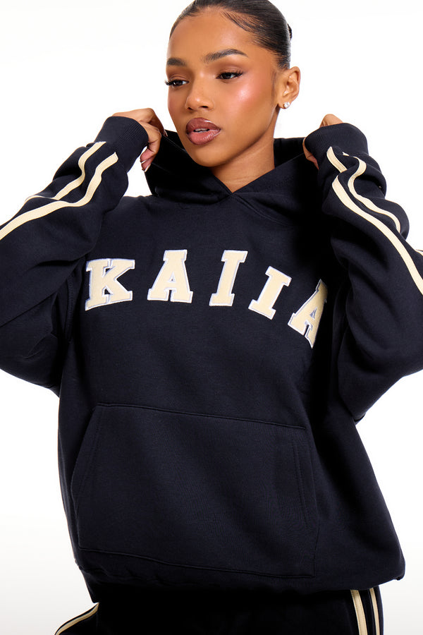 Kaiia Slogan Side Stripe Oversized Hoodie Ink Blue & Lemon