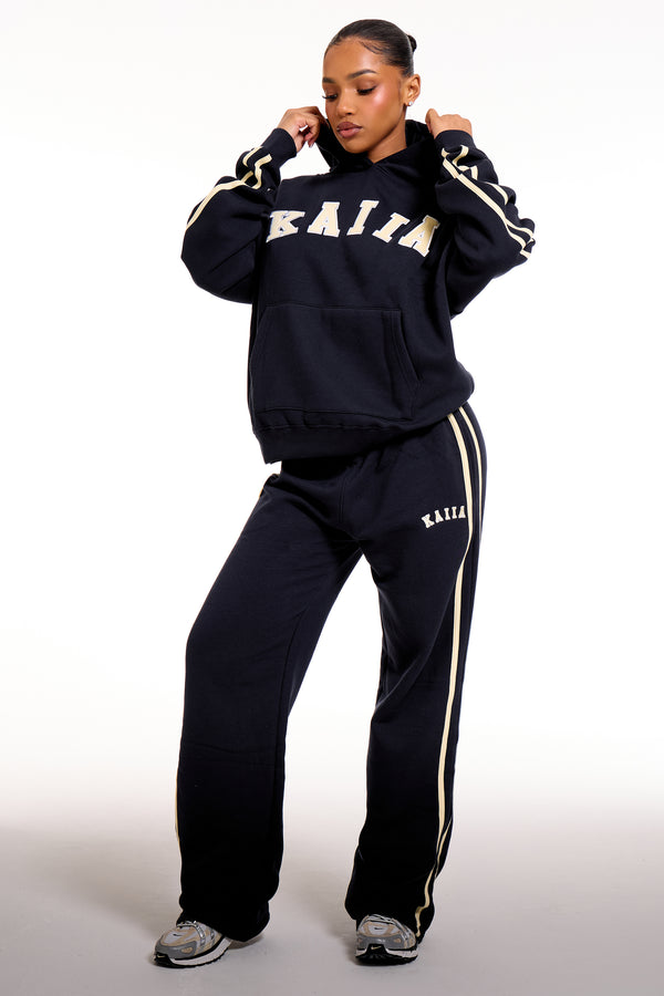 Kaiia Slogan Side Stripe Oversized Hoodie Ink Blue & Lemon