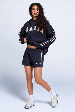 Kaiia Slogan Side Stripe Oversized Hoodie Ink Blue & Lemon