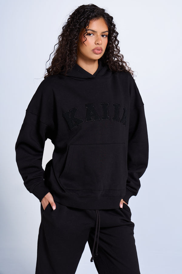Kaiia Slogan Oversized Hoodie Black on Black