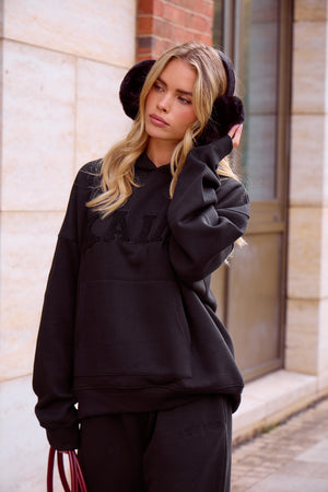 Kaiia Slogan Oversized Hoodie Black on Black