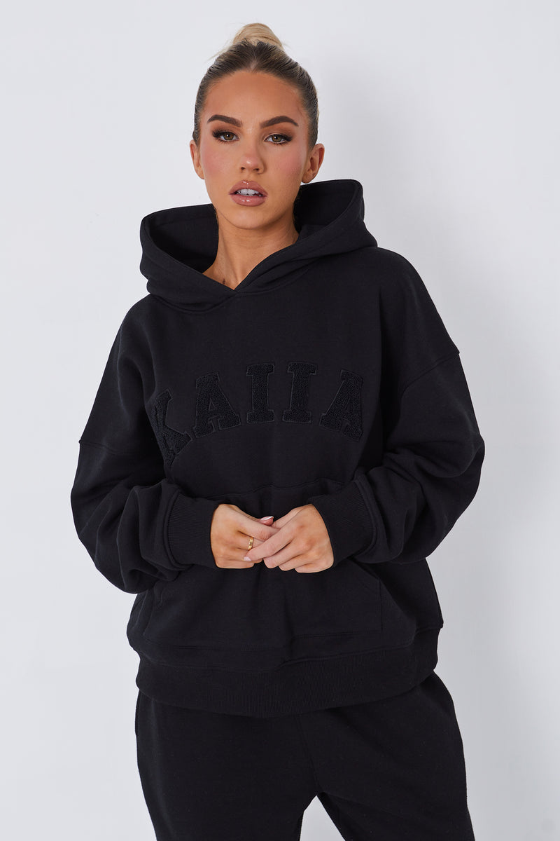 Kaiia Slogan Oversized Hoodie Black on Black