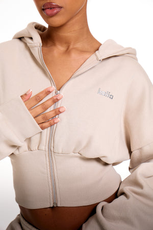 Kaiia Chrome Logo Corset Zip Through Hoodie Ash Taupe