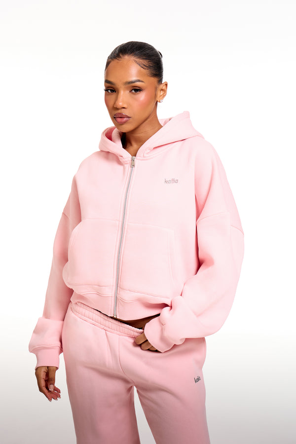 Kaiia Chrome Logo Oversized Zip Through Hoodie Sugar Pink