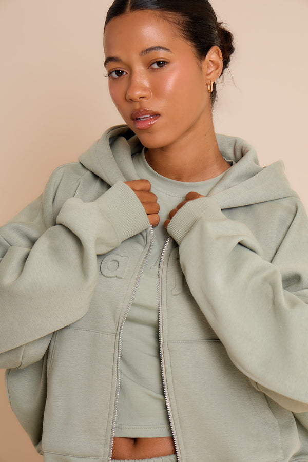 Kaiia Embossed Oversized Zip Through Hoodie Eucalyptus