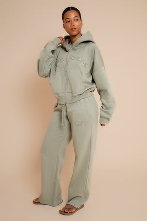 Kaiia Embossed Oversized Zip Through Hoodie Eucalyptus