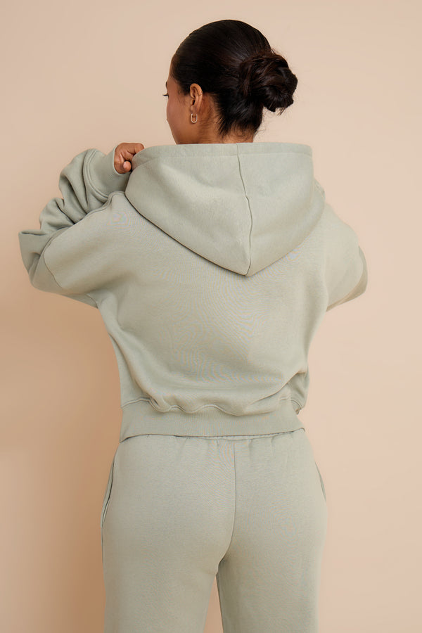 Kaiia Embossed Oversized Zip Through Hoodie Eucalyptus