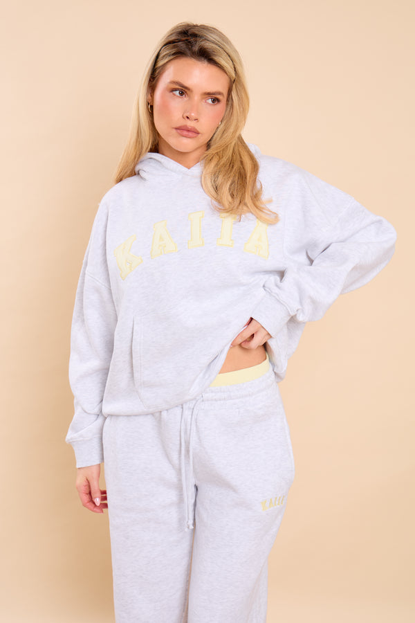 Kaiia Slogan Oversized Hoodie Light Grey Marl & Vanilla Lemon