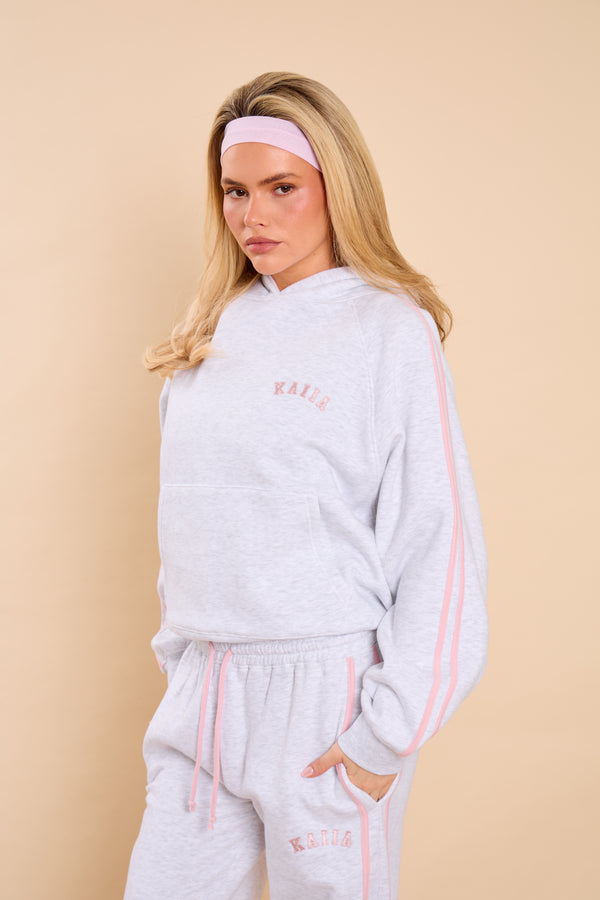 Kaiia Sport Side Stripe Oversized Hoodie Light Grey Marl & Pink Sugar