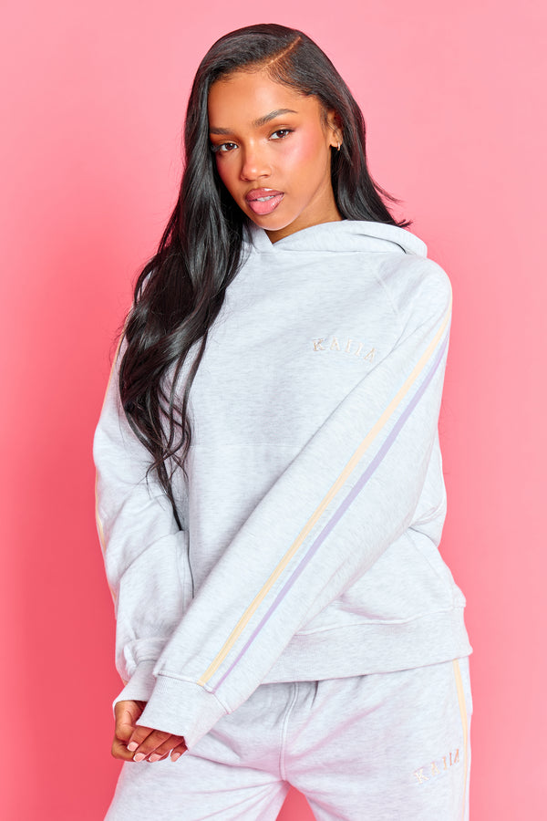 Kaiia Sport Side Stripe Oversized Hoodie Light Grey Marl With Lemon & Lilac