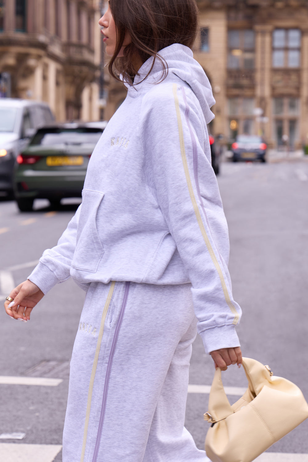 Kaiia Sport Side Stripe Wide Leg Joggers Light Grey Marl With Lemon & Lilac