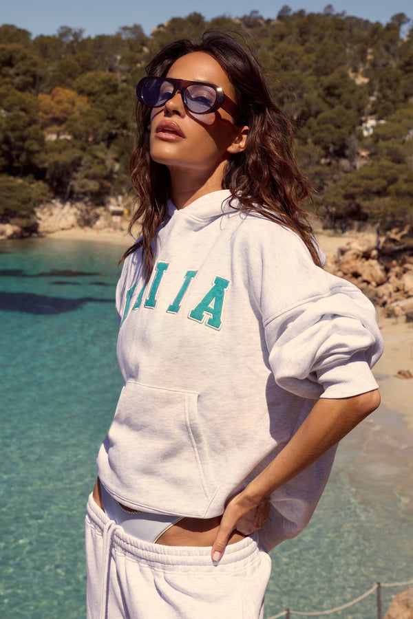 Kaiia Slogan Oversized Hoodie Light Grey Marl & Turquoise