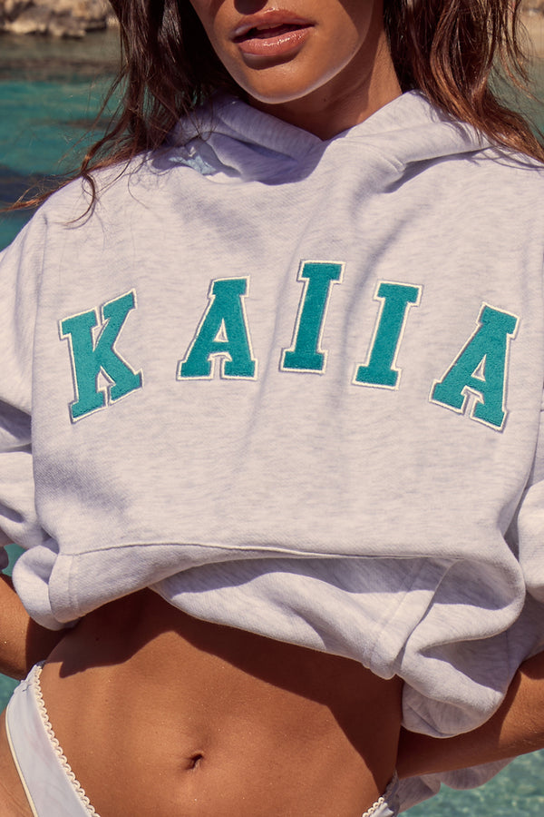 Kaiia Slogan Oversized Hoodie Light Grey Marl & Turquoise
