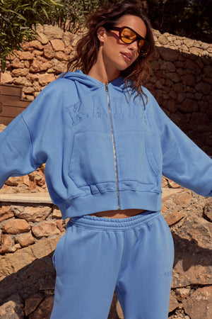 Kaiia Slogan Oversized Zip Through Hoodie Ocean Blue