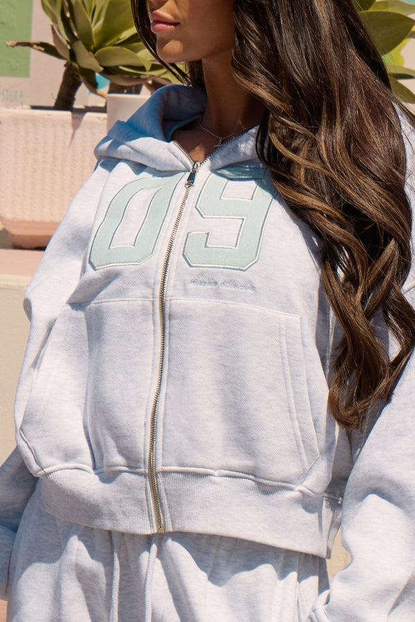 Kaiia 9 Graphic Oversized Zip Through Hoodie Light Grey Marl & Baby Blue
