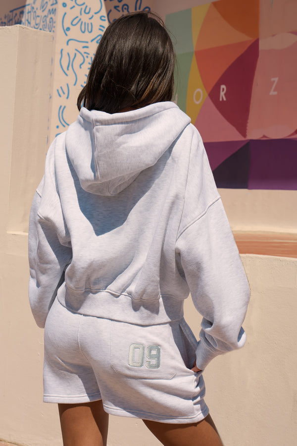 Kaiia 9 Graphic Oversized Zip Through Hoodie Light Grey Marl & Baby Blue