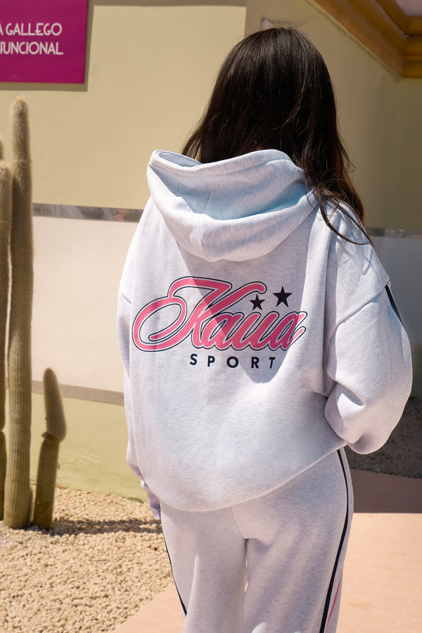 Kaiia Retro Sport Graphic Oversized Hoodie Light Grey Marl & Pink