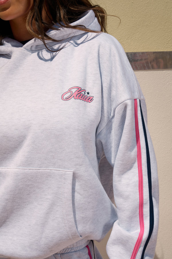 Kaiia Retro Sport Graphic Oversized Hoodie Light Grey Marl & Pink