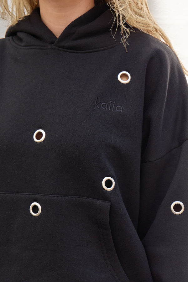Kaiia Eyelet Oversized Hoodie Black