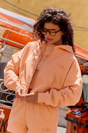 Kaiia Embossed Logo Oversized Zip Through Hoodie Peach