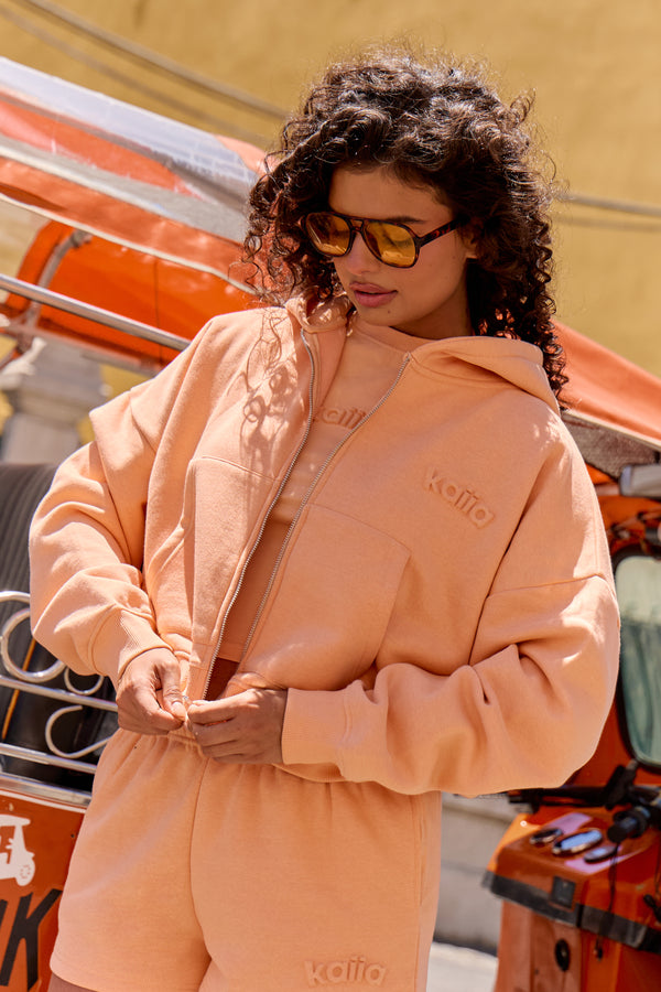 Kaiia Embossed Logo Oversized Zip Through Hoodie Peach