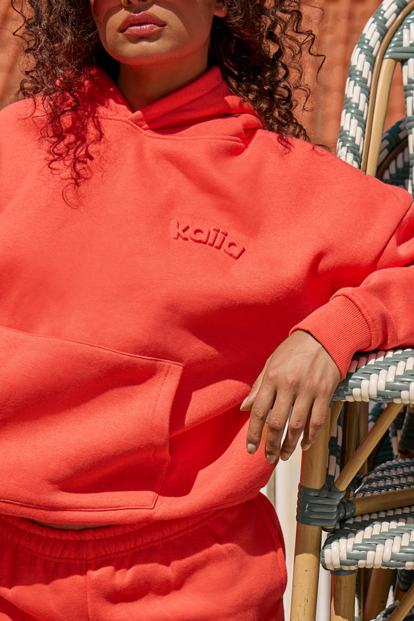 Kaiia Embossed Logo Oversized Hoodie Bright Coral